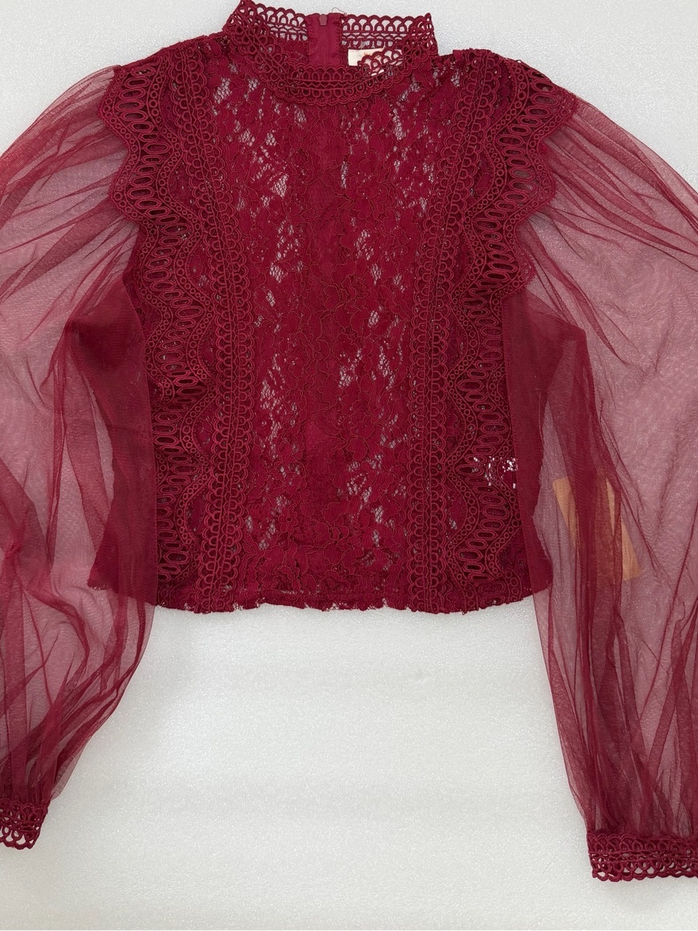 Peach Red Lace High Neck Blouse Sheer Sleeve Gothic Victorian Romantic Top L